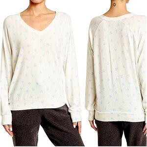 PJ Salvage White V-Neck Long Sleeve Top w/ Baby Blue Hearts | M | NWT